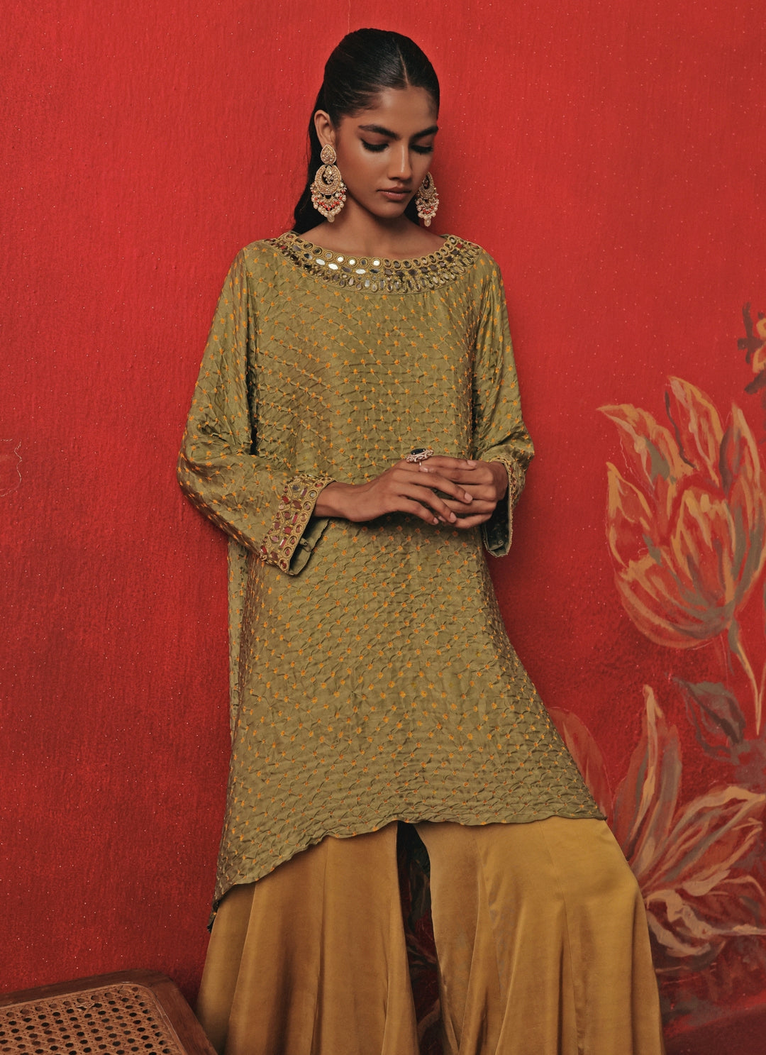 Green And Yellow Bandhani Kurta Pants Set