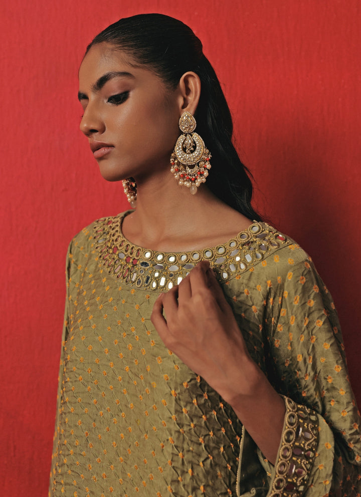 Green And Yellow Bandhani Kurta Pants Set