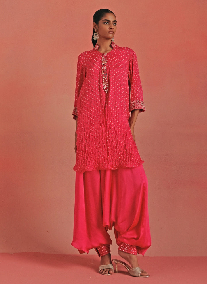 Hot Pink Bandhani High Low Kurta Dhoti Set