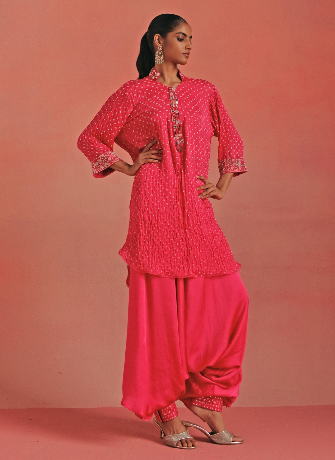 Hot Pink Bandhani High Low Kurta Dhoti Set