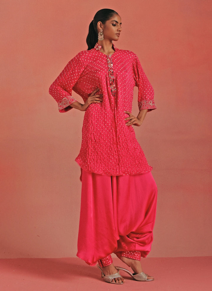 Hot Pink Bandhani High Low Kurta Dhoti Set