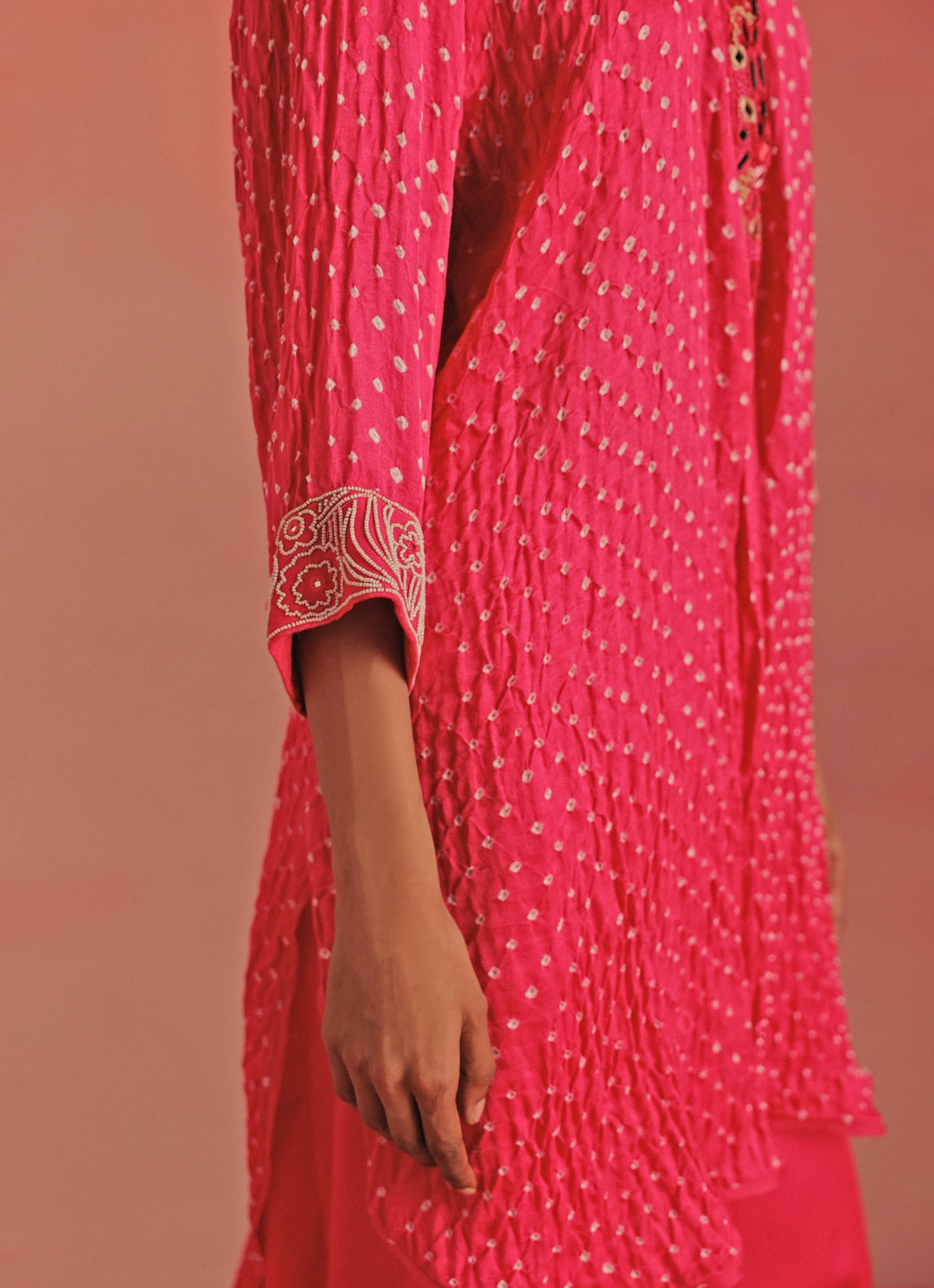 Hot Pink Bandhani High Low Kurta Dhoti Set