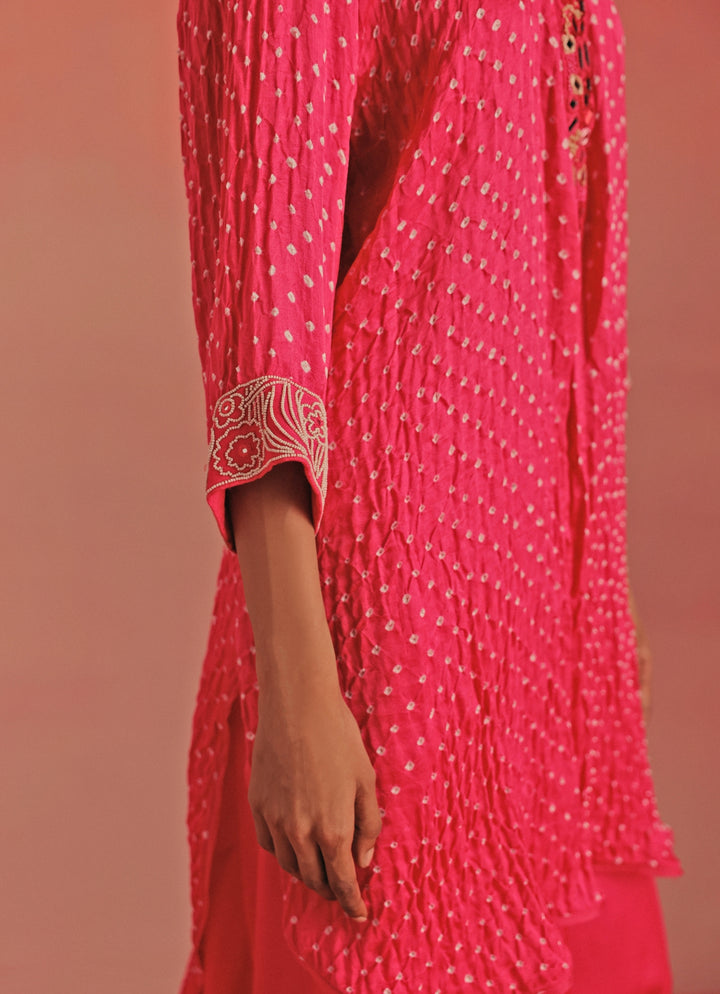 Hot Pink Bandhani High Low Kurta Dhoti Set