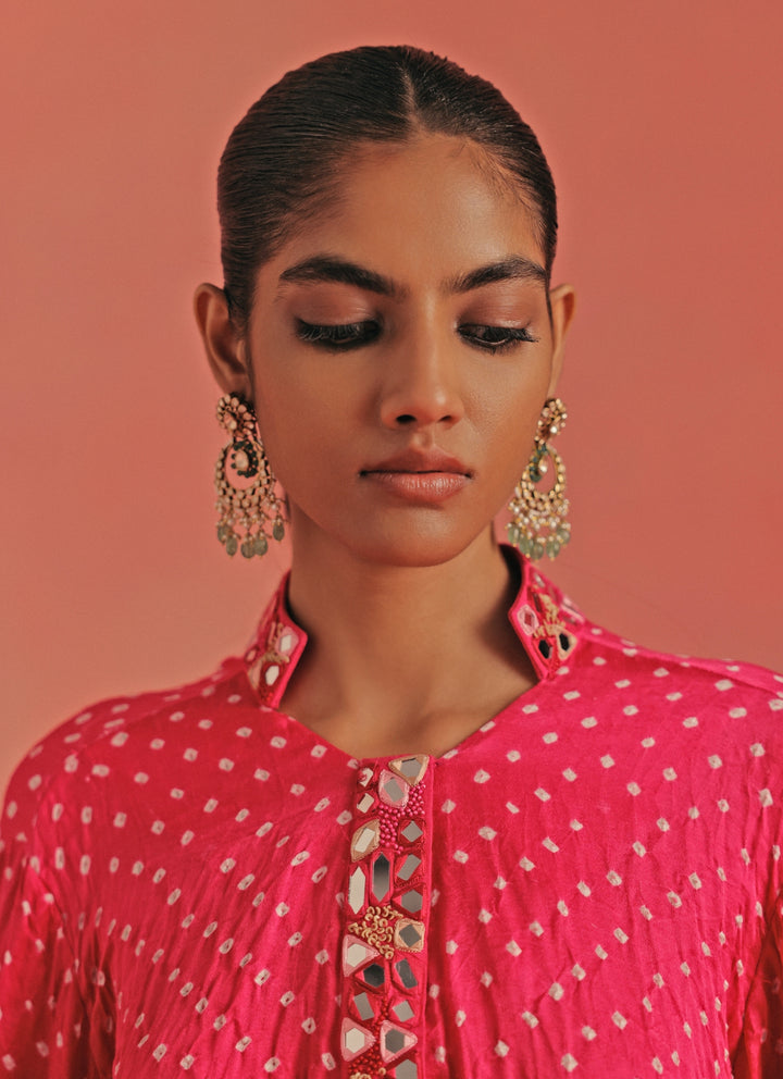 Hot Pink Bandhani High Low Kurta Dhoti Set