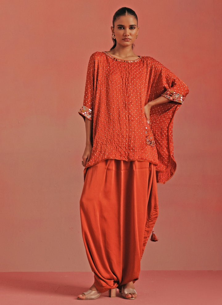 Burnt Orange Bandhani Top And Dhoti Set