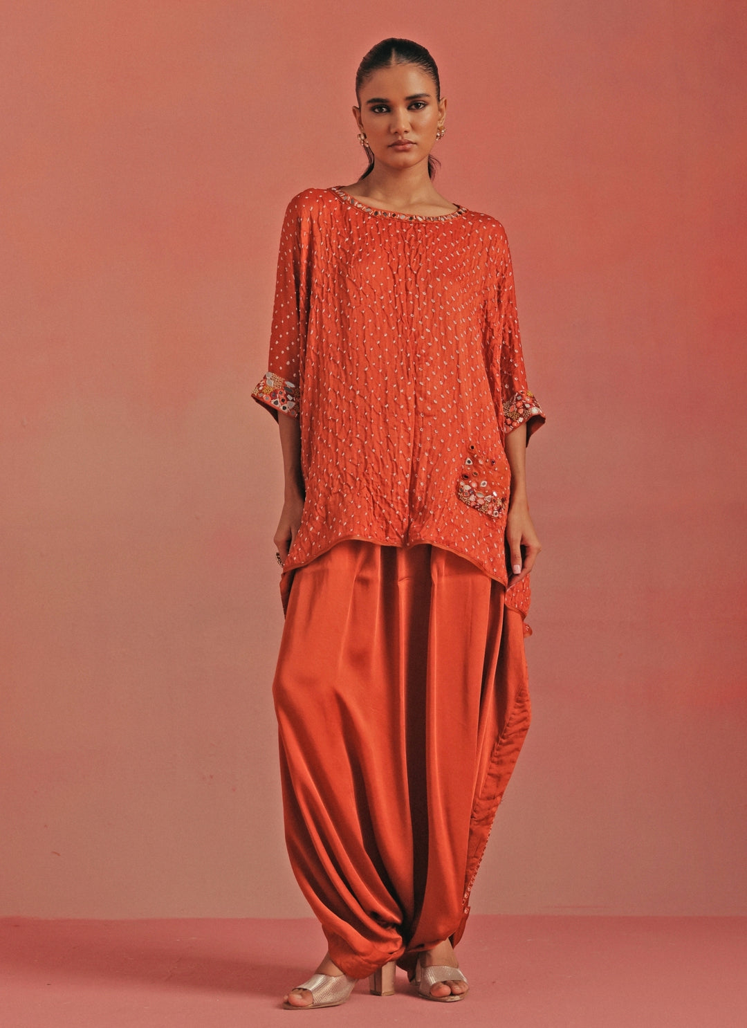 Burnt Orange Bandhani Top And Dhoti Set