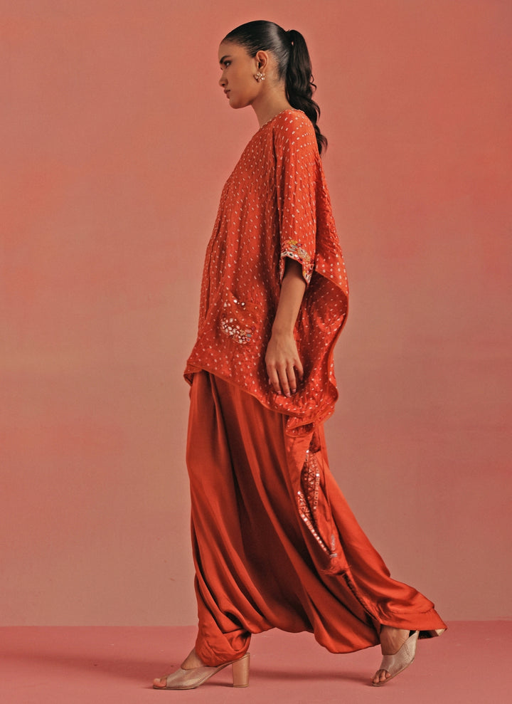 Burnt Orange Bandhani Top And Dhoti Set