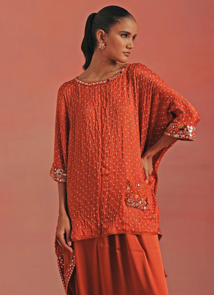 Burnt Orange Bandhani Top And Dhoti Set