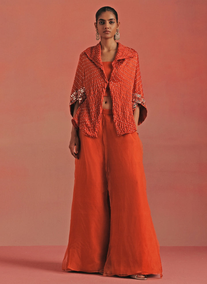 Burnt Orange Bandhani Palazzo Set With Jacket