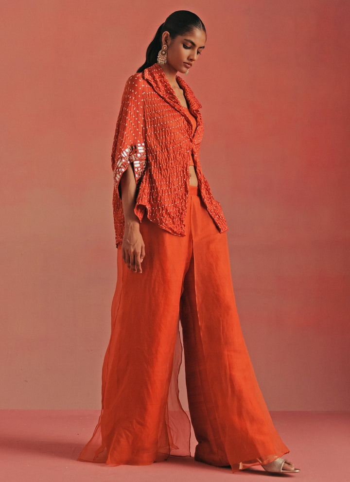 Burnt Orange Bandhani Palazzo Set With Jacket