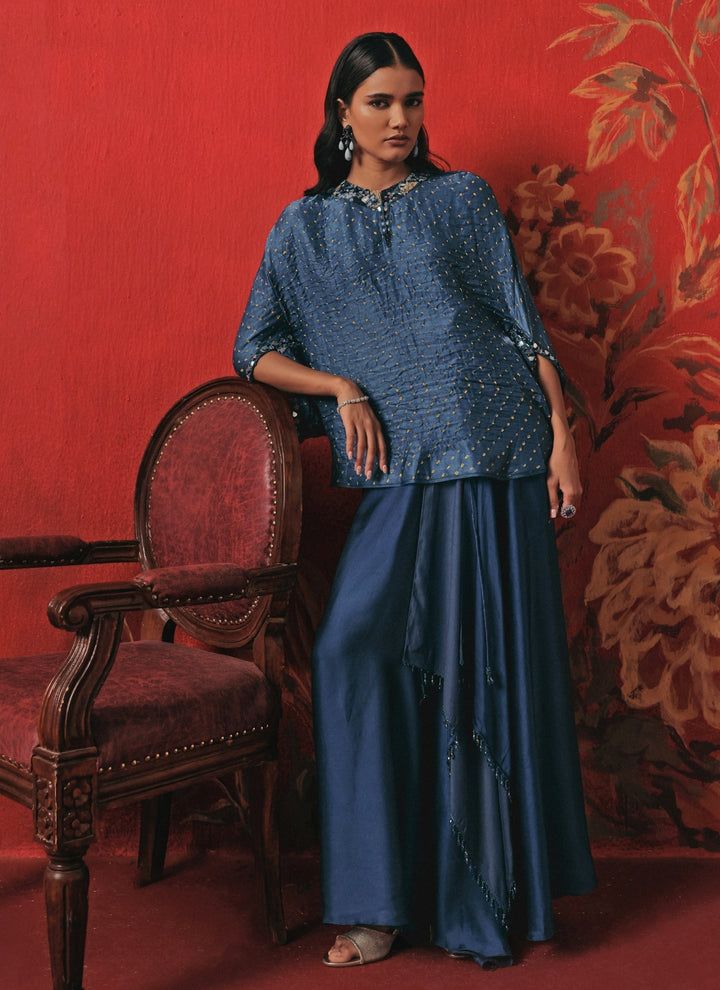 Teal Blue Bandhani Top And Skirt Set