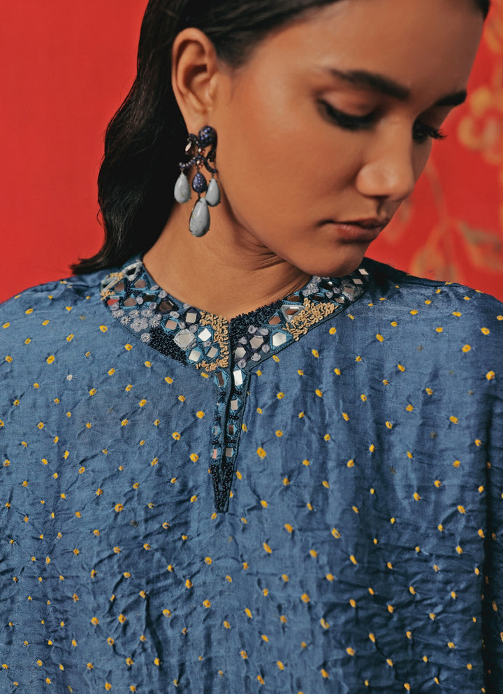 Teal Blue Bandhani Top And Skirt Set