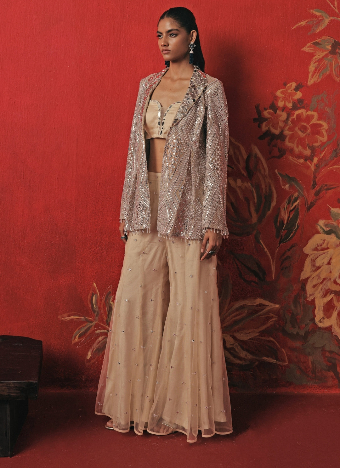 Nude And Silver Soft Net Blouse Sharara Set