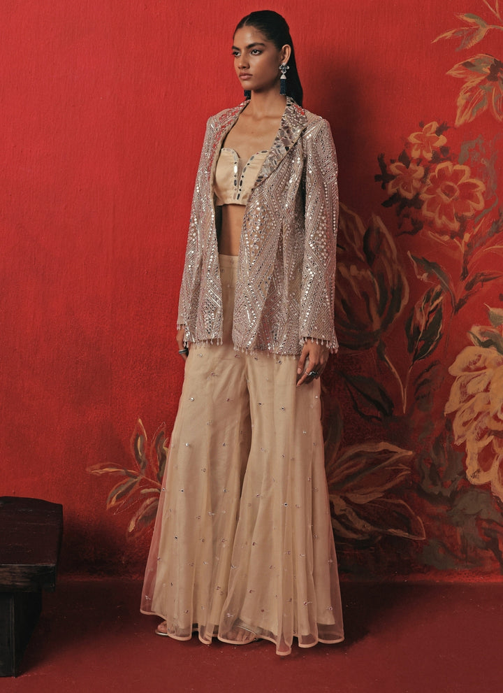 Nude And Silver Soft Net Blouse Sharara Set