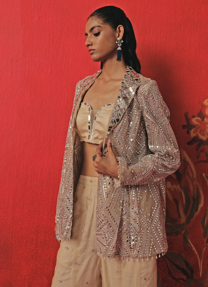 Nude And Silver Soft Net Blouse Sharara Set