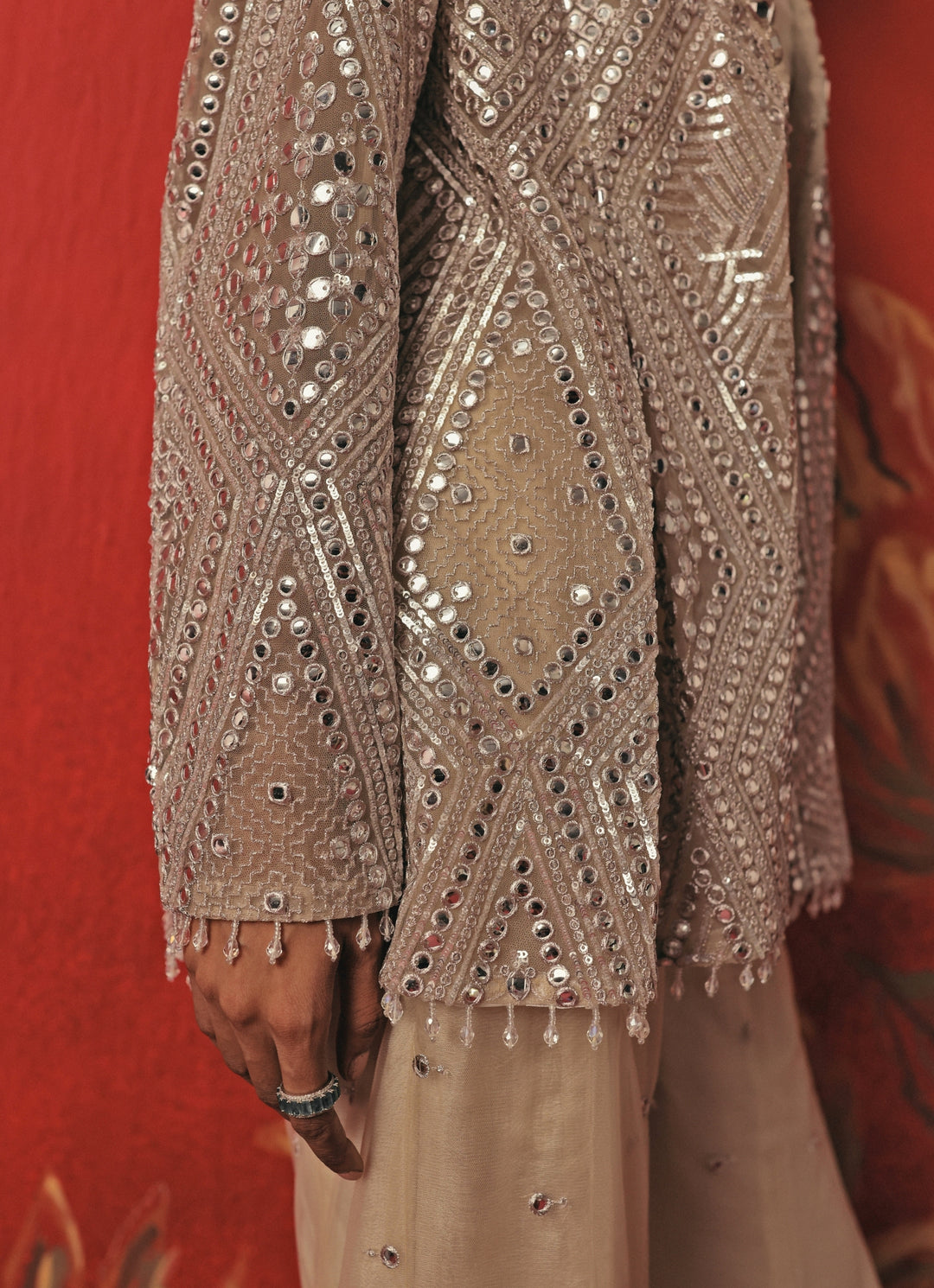 Nude And Silver Soft Net Blouse Sharara Set