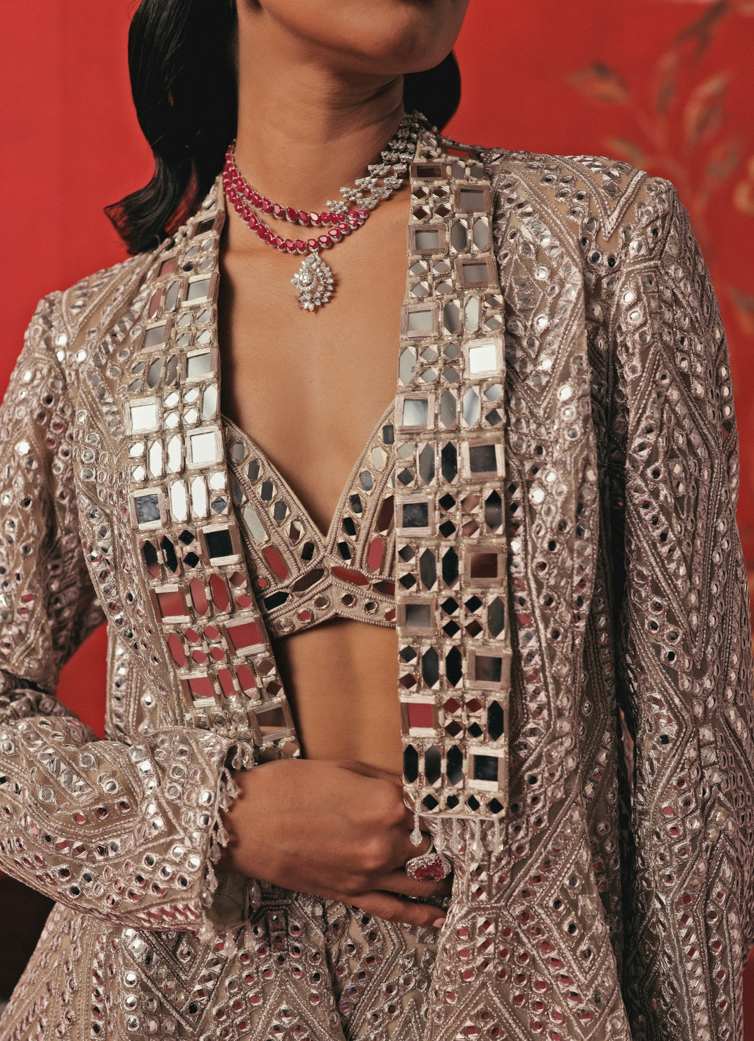 Silver Soft Net Blouse Sharara Set With Jacket