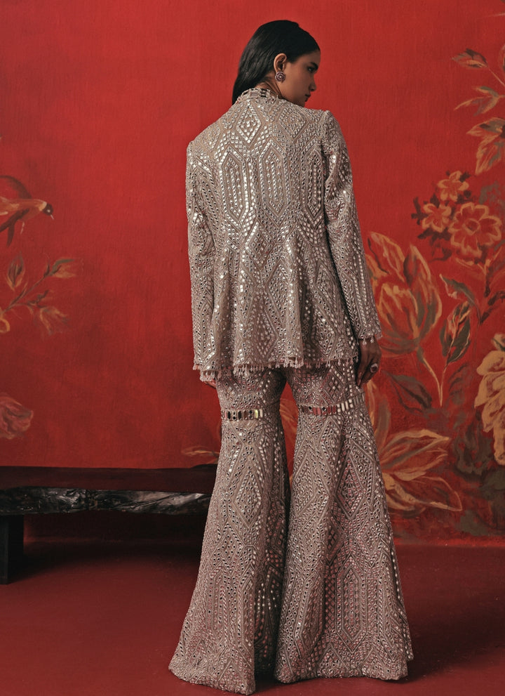 Silver Soft Net Blouse Sharara Set With Jacket