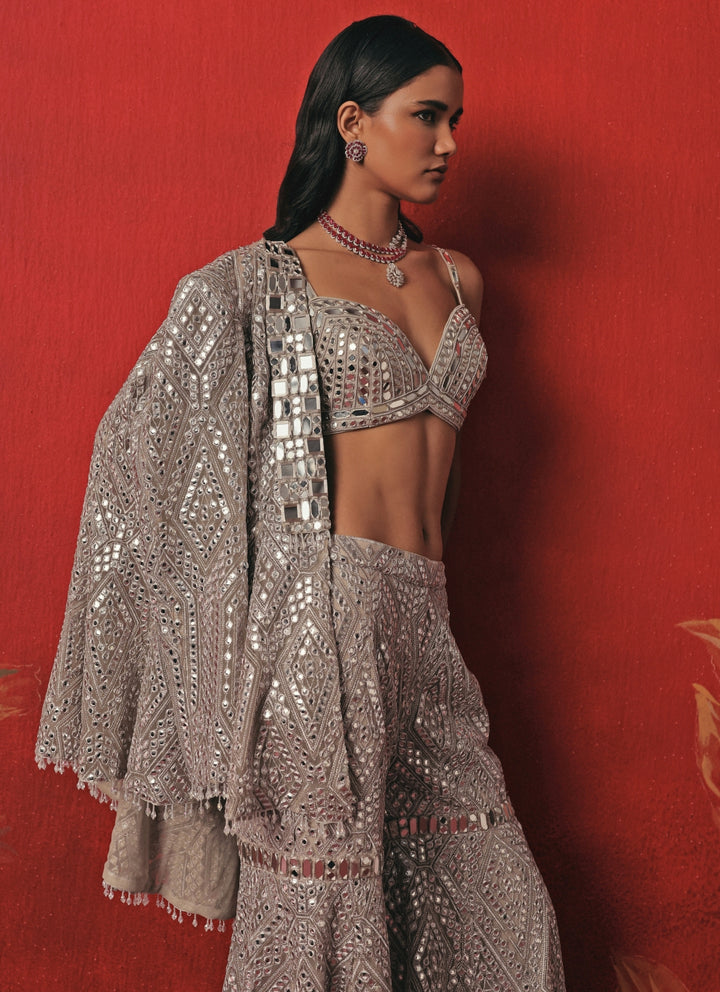 Silver Soft Net Blouse Sharara Set With Jacket
