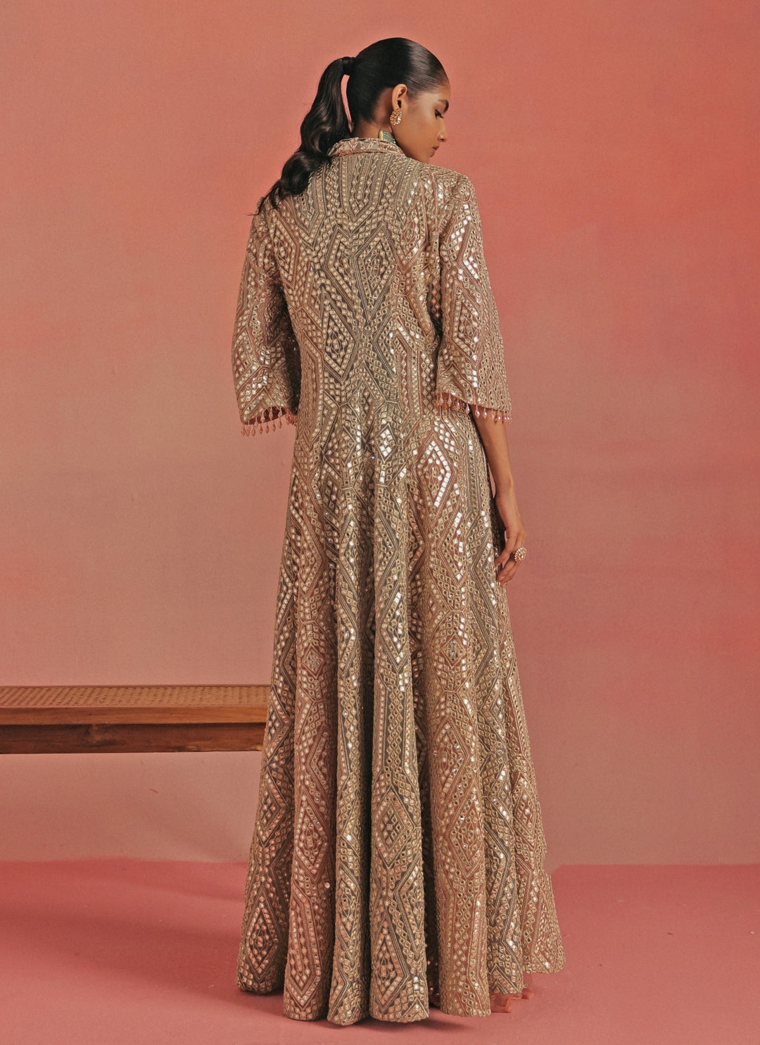 Pink And Blue Soft Net Mirrorwork Anarkali Jacket Set
