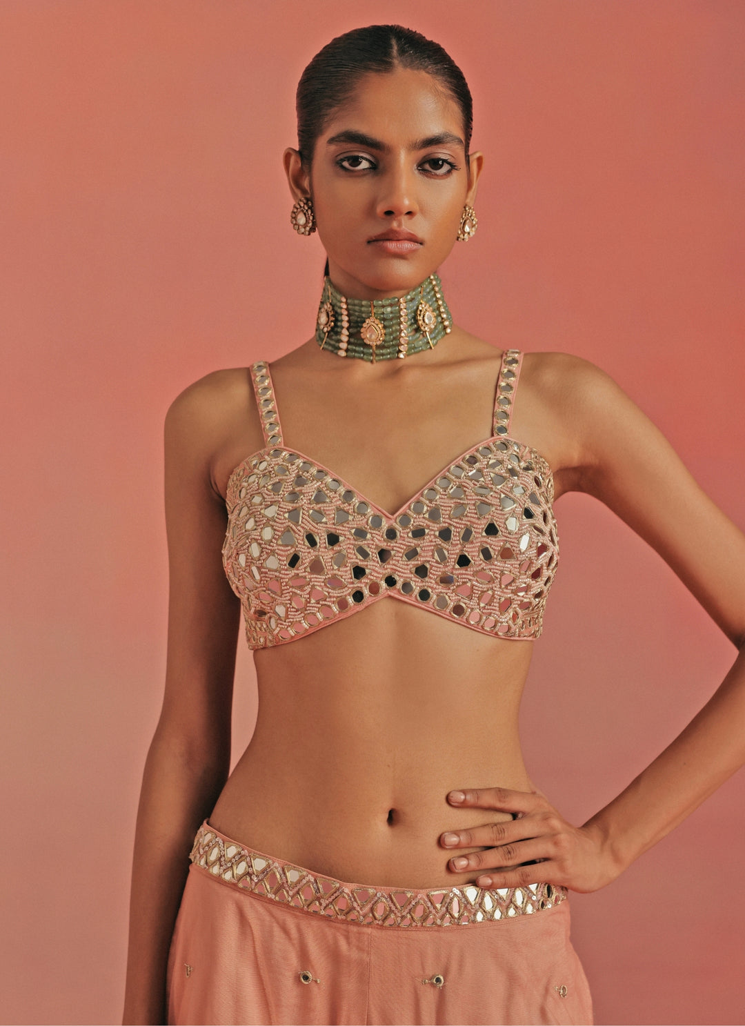 Pink And Blue Soft Net Mirrorwork Anarkali Jacket Set