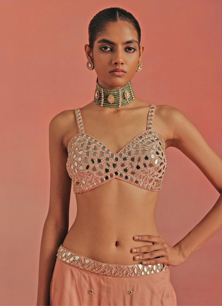 Pink And Blue Soft Net Mirrorwork Anarkali Jacket Set