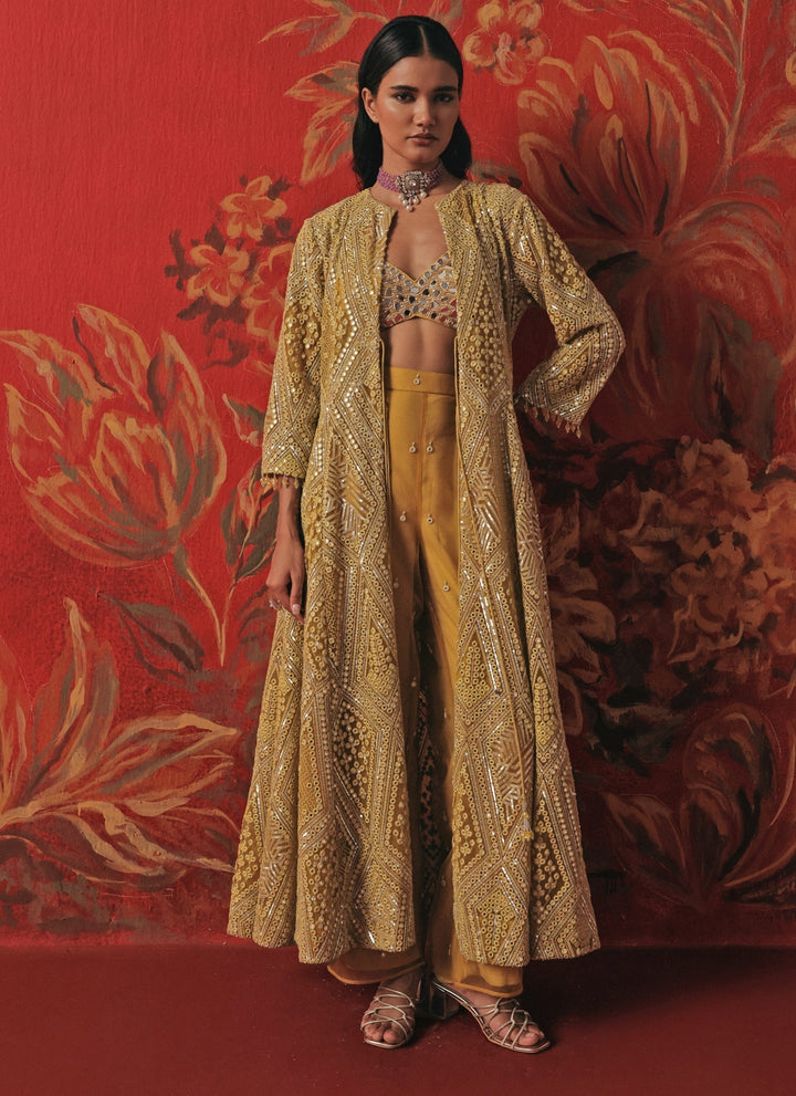 Yellow Soft Net Mirrorwork Anarkali Jacket Set