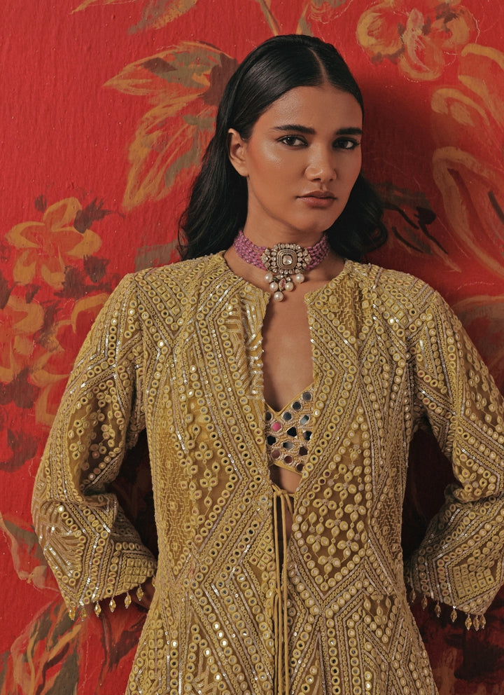 Yellow Soft Net Mirrorwork Anarkali Jacket Set