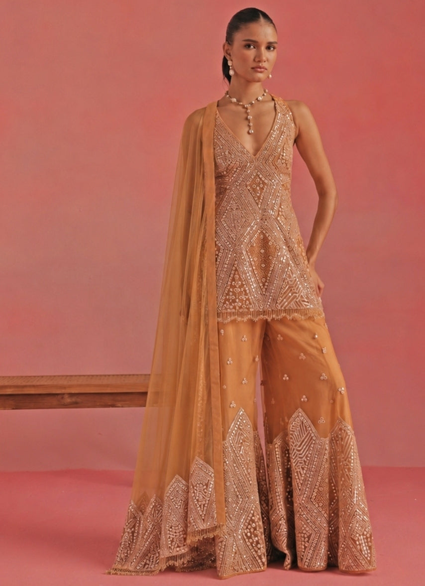 Peach Soft Net Mirrorwork Peplum Kurta Sharara Set