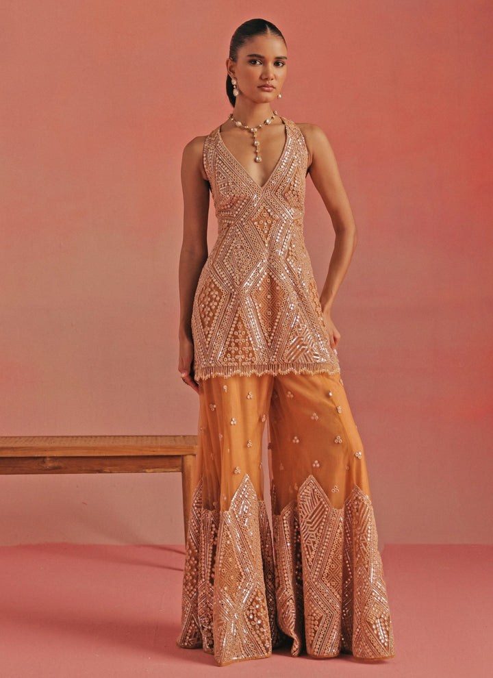 Peach Soft Net Mirrorwork Peplum Kurta Sharara Set