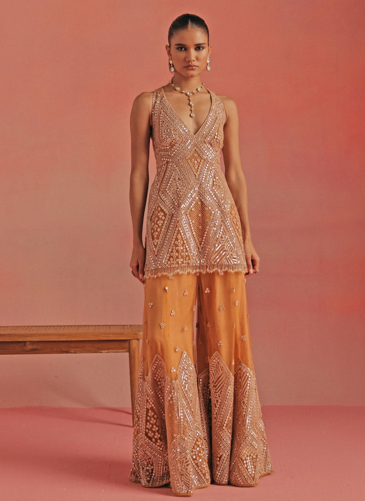 Peach Soft Net Mirrorwork Peplum Kurta Sharara Set