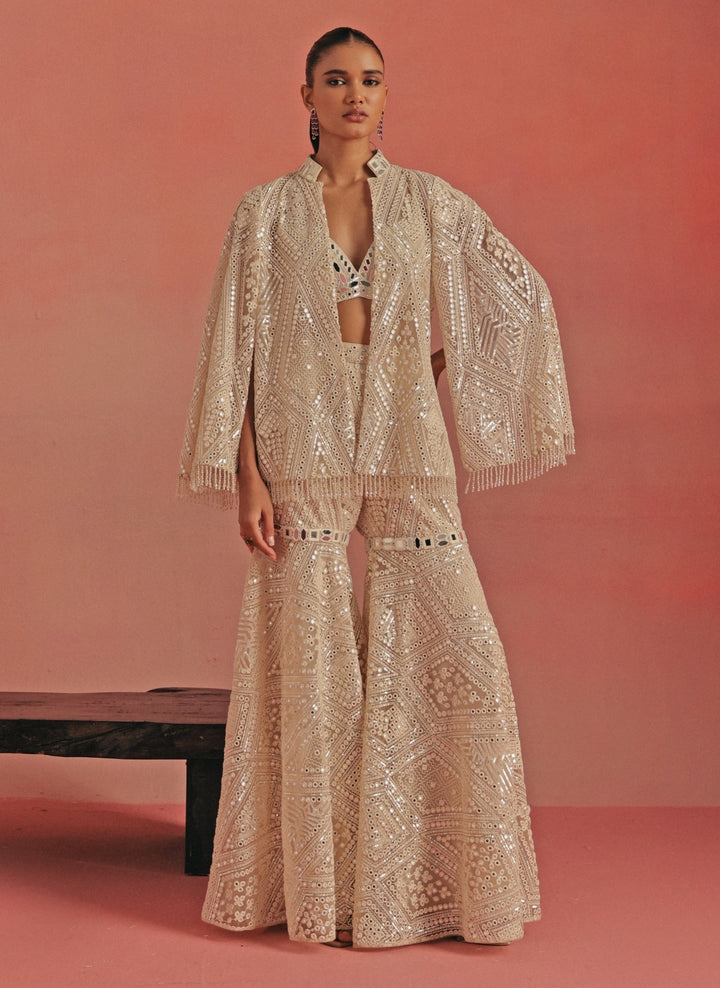 Ivory Soft Net Mirrorwork Sharara Set With Jacket