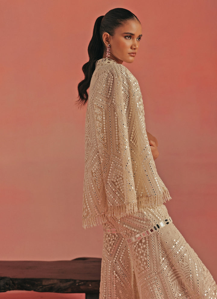 Ivory Soft Net Mirrorwork Sharara Set With Jacket