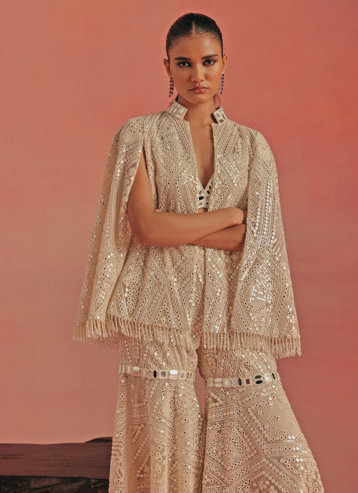 Ivory Soft Net Mirrorwork Sharara Set With Jacket