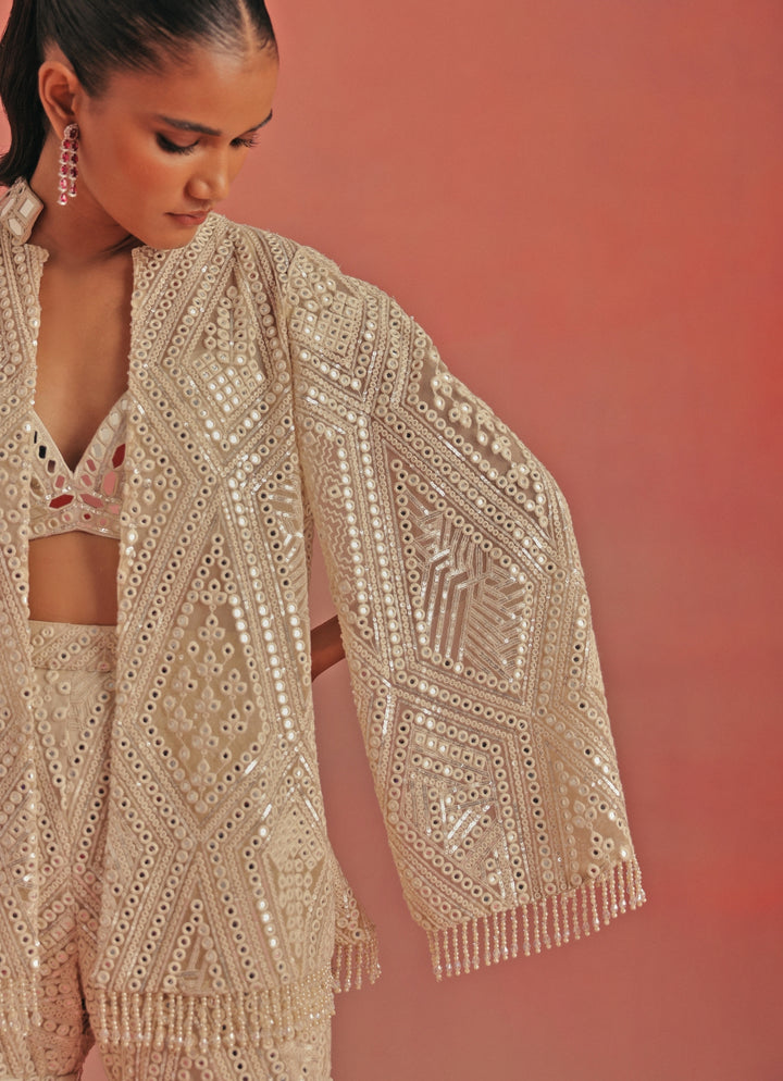 Ivory Soft Net Mirrorwork Sharara Set With Jacket