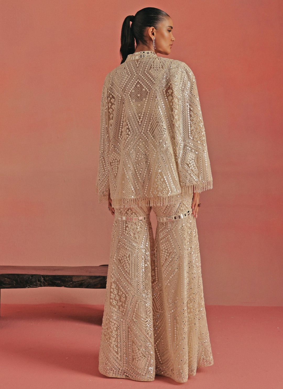 Ivory Soft Net Mirrorwork Sharara Set With Jacket