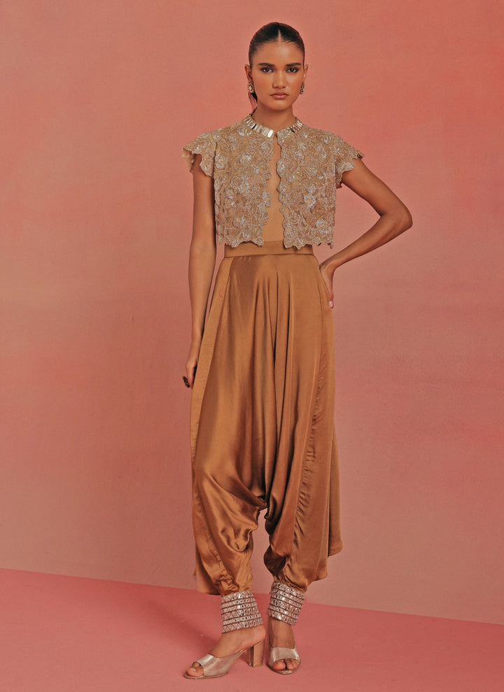 Antique Gold Satin Silk Dhoti With Mirrorwork Top
