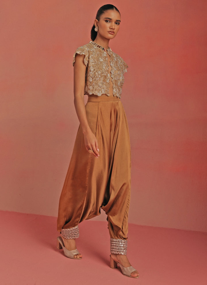 Antique Gold Satin Silk Dhoti With Mirrorwork Top