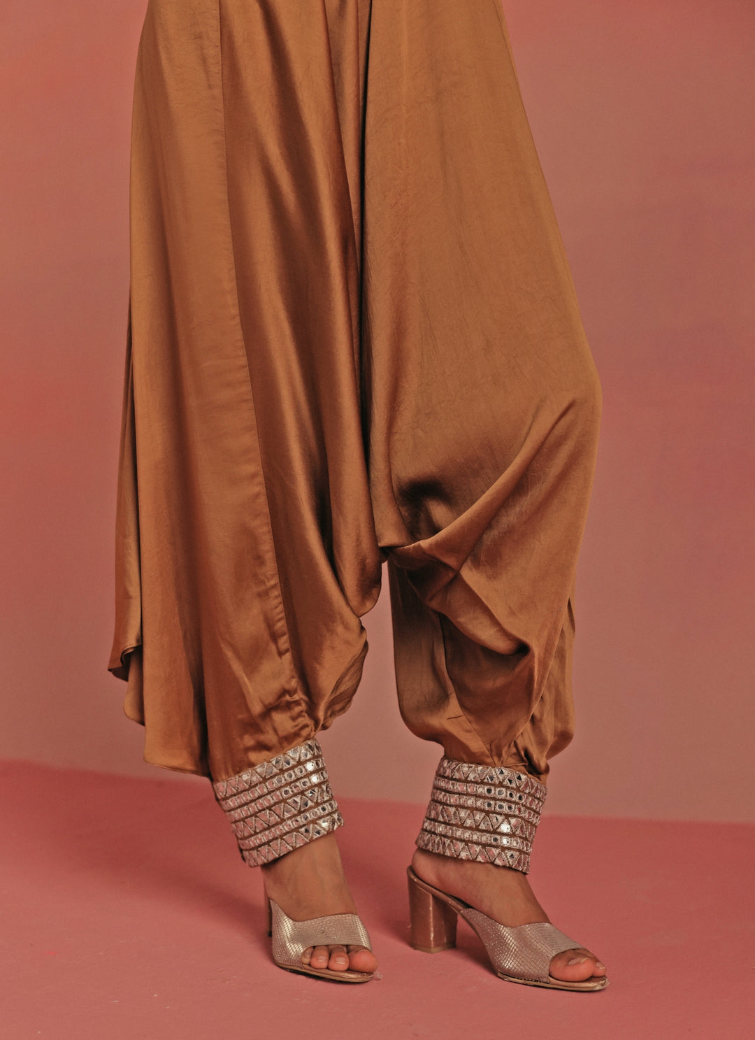 Antique Gold Satin Silk Dhoti With Mirrorwork Top