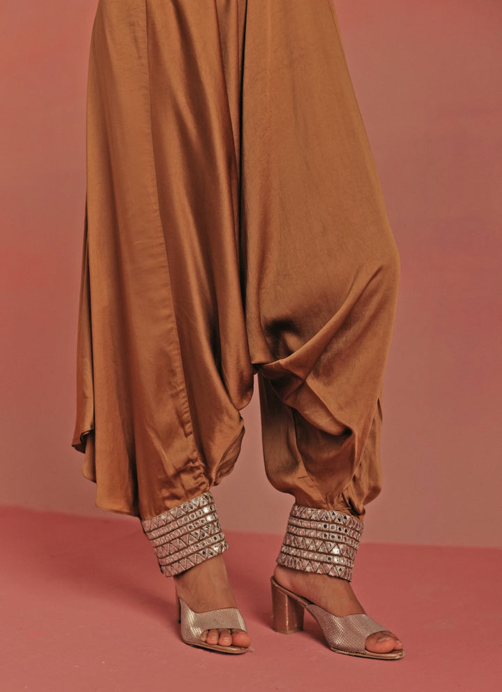 Antique Gold Satin Silk Dhoti With Mirrorwork Top
