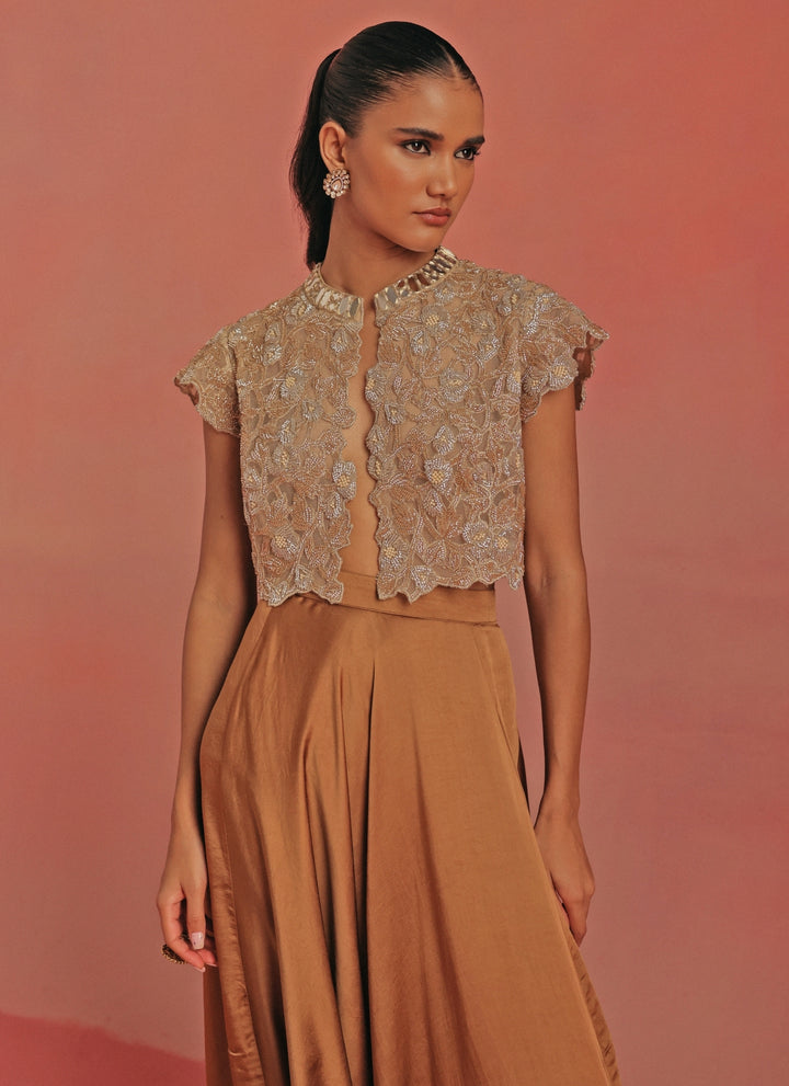 Antique Gold Satin Silk Dhoti With Mirrorwork Top