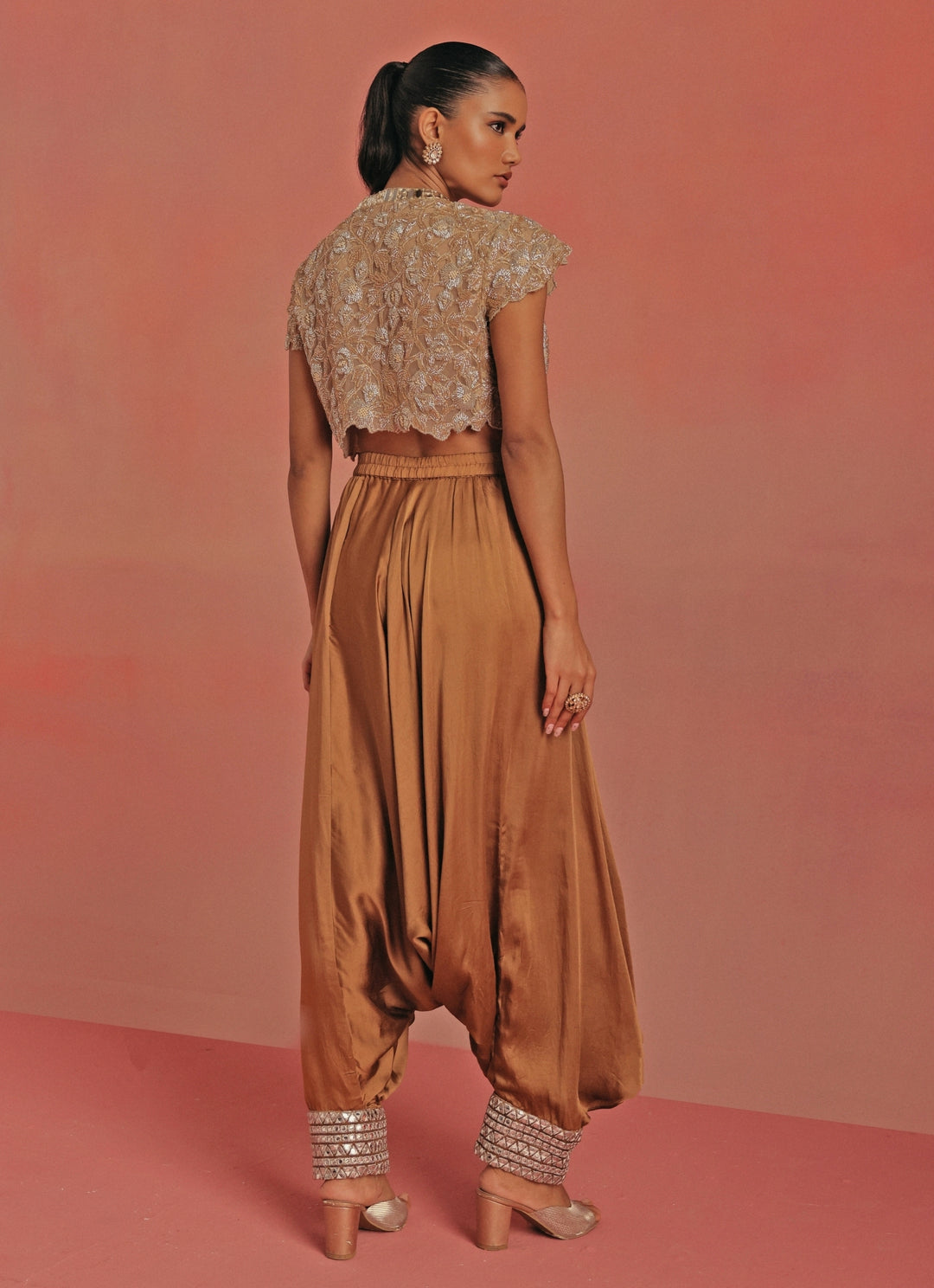 Antique Gold Satin Silk Dhoti With Mirrorwork Top