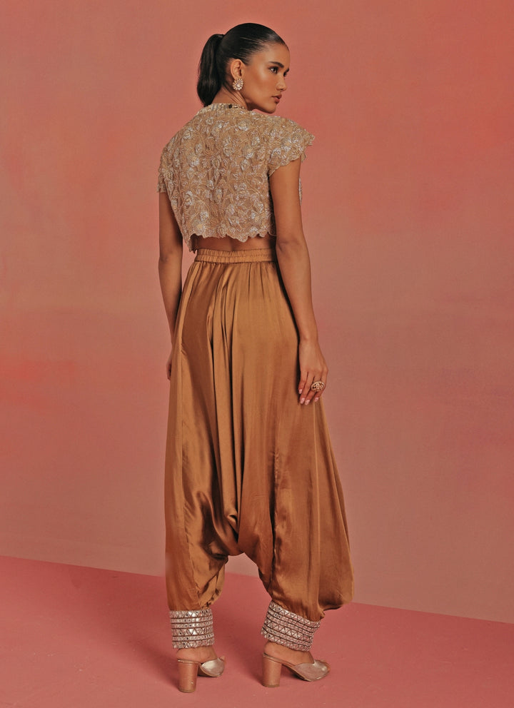 Antique Gold Satin Silk Dhoti With Mirrorwork Top