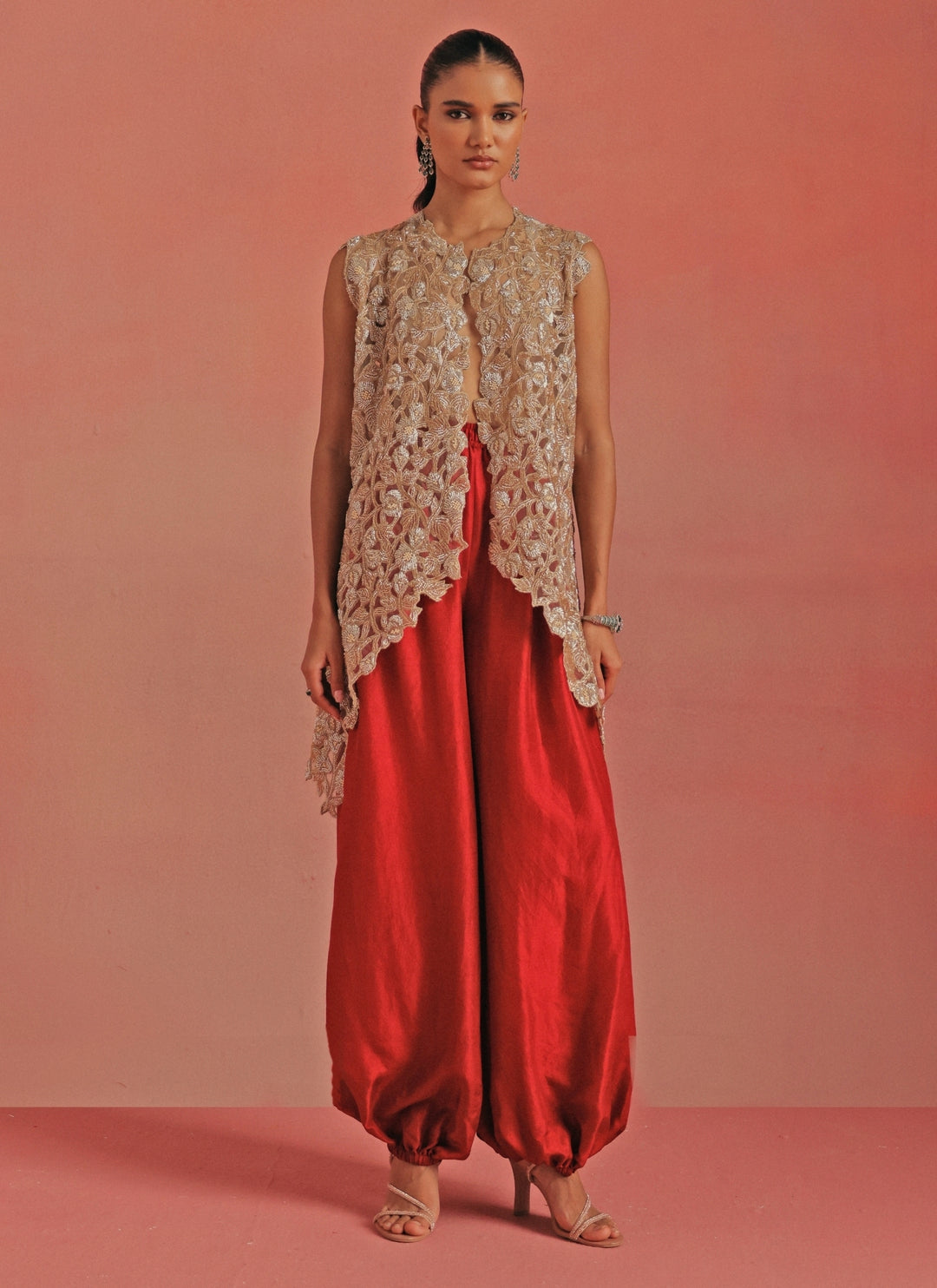 Red Monga Silk Dhoti With Gold Gilet Top
