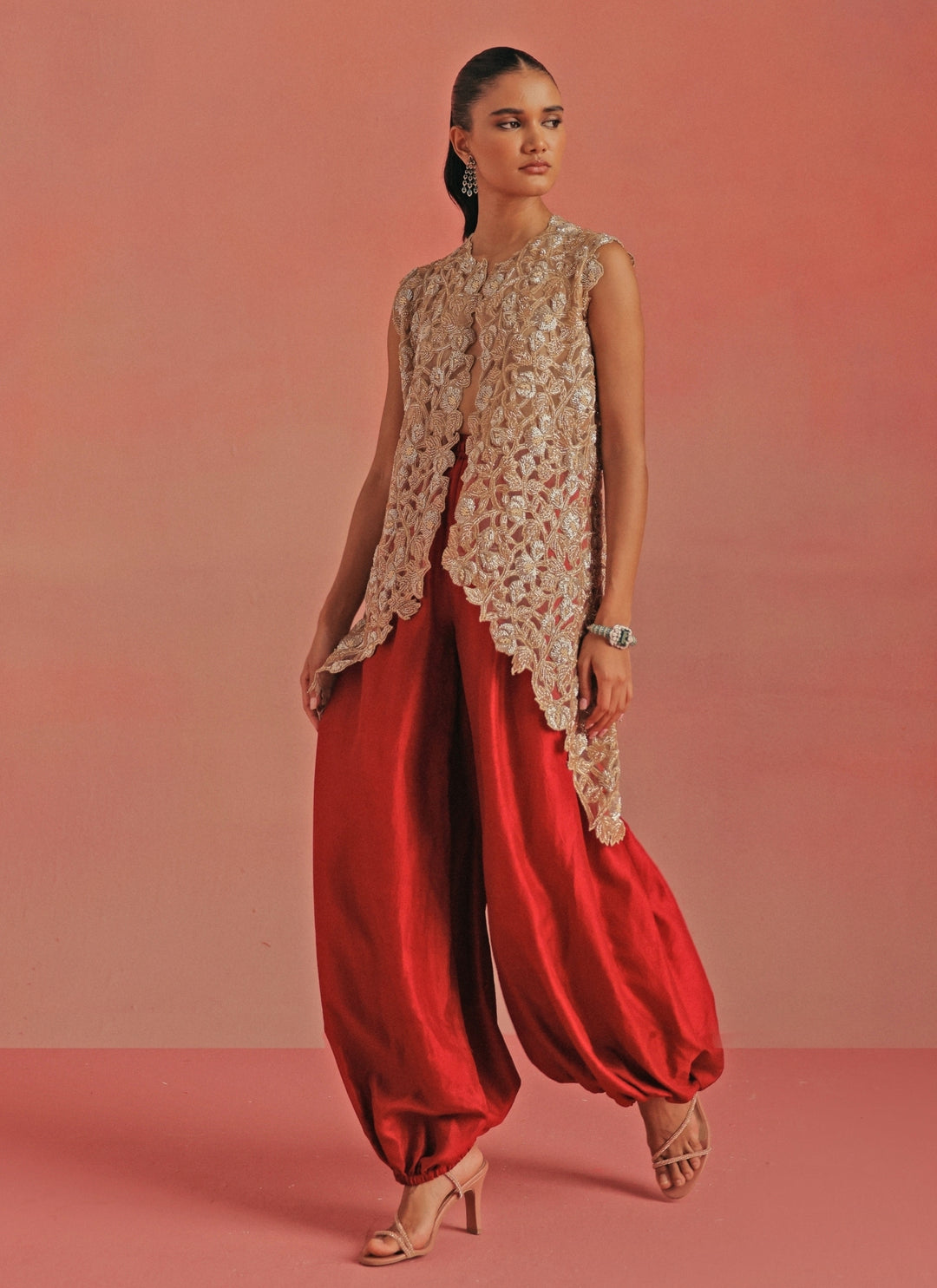 Red Monga Silk Dhoti With Gold Gilet Top