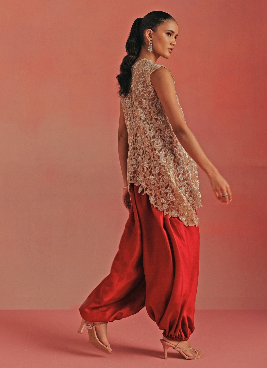 Red Monga Silk Dhoti With Gold Gilet Top