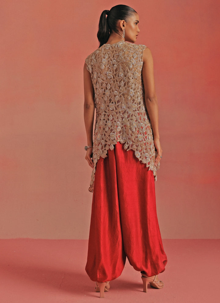 Red Monga Silk Dhoti With Gold Gilet Top