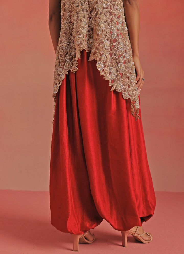 Red Monga Silk Dhoti With Gold Gilet Top
