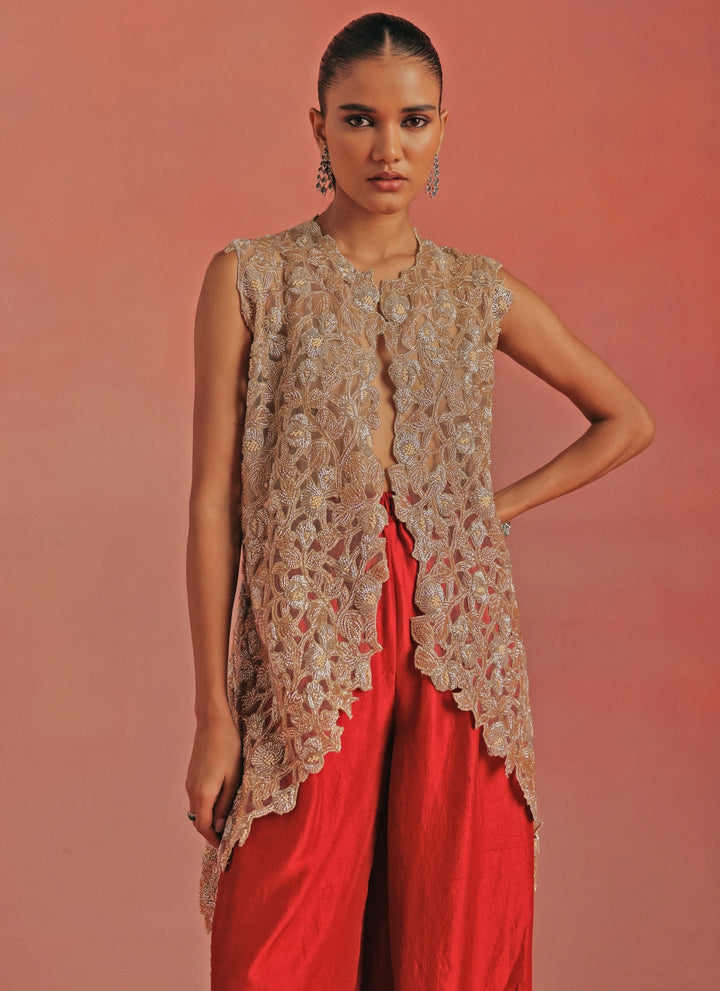 Red Monga Silk Dhoti With Gold Gilet Top
