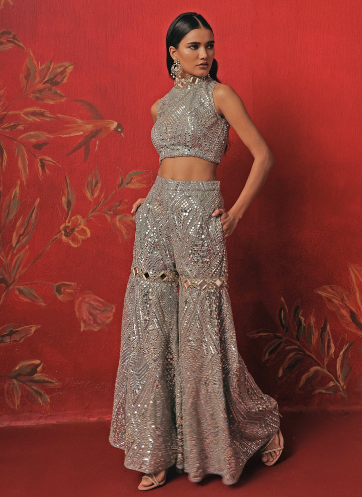 Muted Blue Soft Net Mirrorwork Blouse Sharara Set